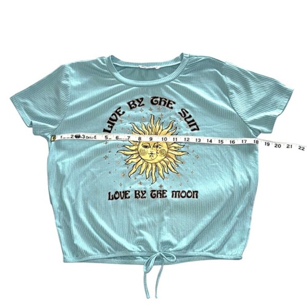Celestial Sun Moon Graphic Ribbed Cinched Tee Aqua Beautees Glitter XL 16 Girls